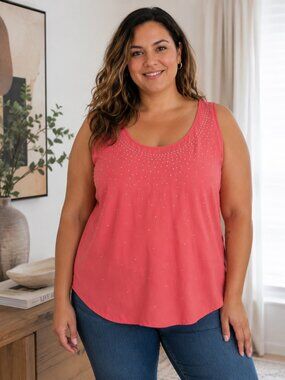 Janette Plus Women's Rhinestone Sleeveless Tank Top Coral Pink Size 1XL